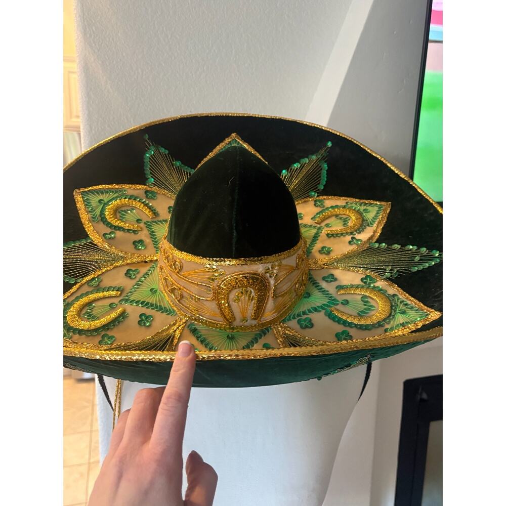 Pigalle Salazar Green Velvet Gold Sombrero Made In Mexico